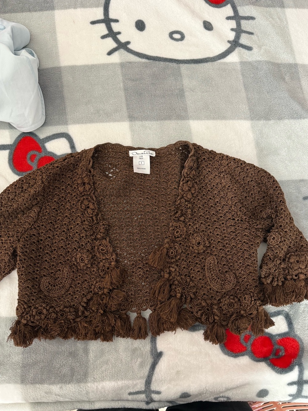 Oscar de la Renta Brown Crocheted Fringe Shrug